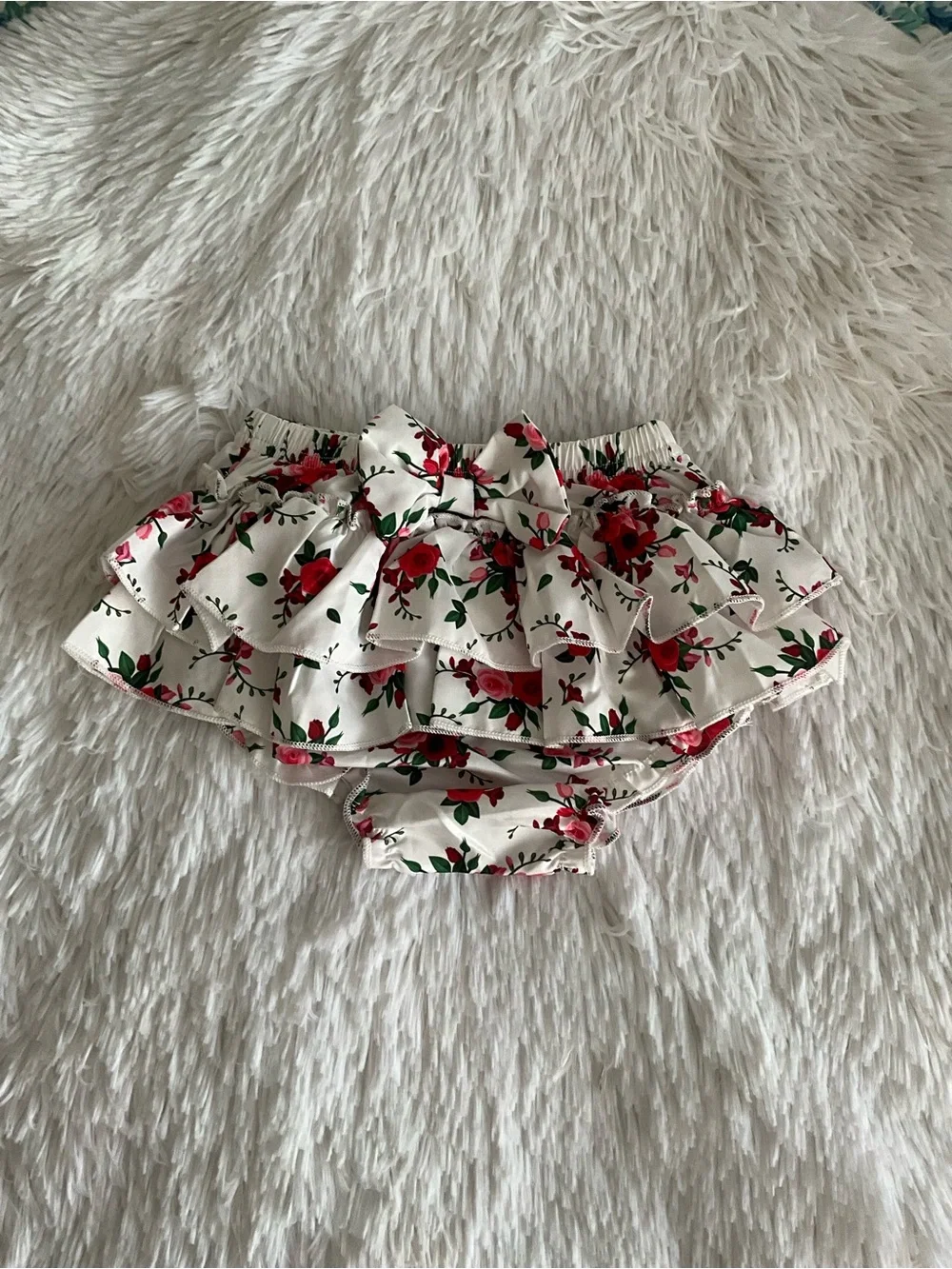 Floral Ruffle Baby Diaper Cover Bloomers - White with Red Flowers